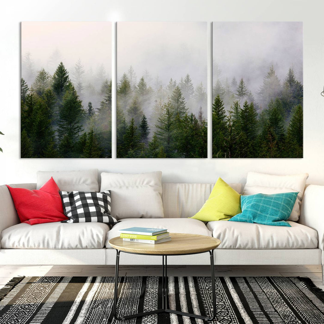 A 3-panel Misty Pine Forest Wall Art Canvas Print, featuring a green woodland scene, adorns the wall.