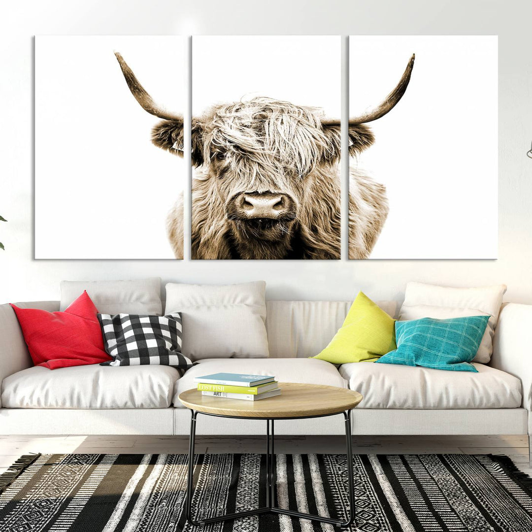 Lienzo de vaca de las Tierras Altas, arte de pared, decoración de granja, vaca, impresión en blanco y negro, decoración de pared rústica, pintura de animales, pared de vaca escocesa