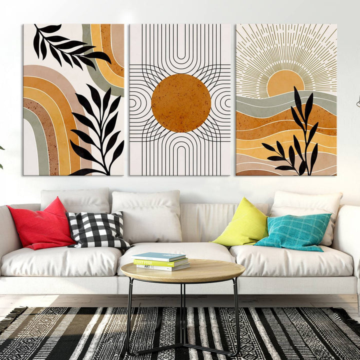 Modern Boho Sun and Leaf Abstract Art – 3-Panel Giclée Canvas for Mid-Century Modern or Bohemian Wall Decor