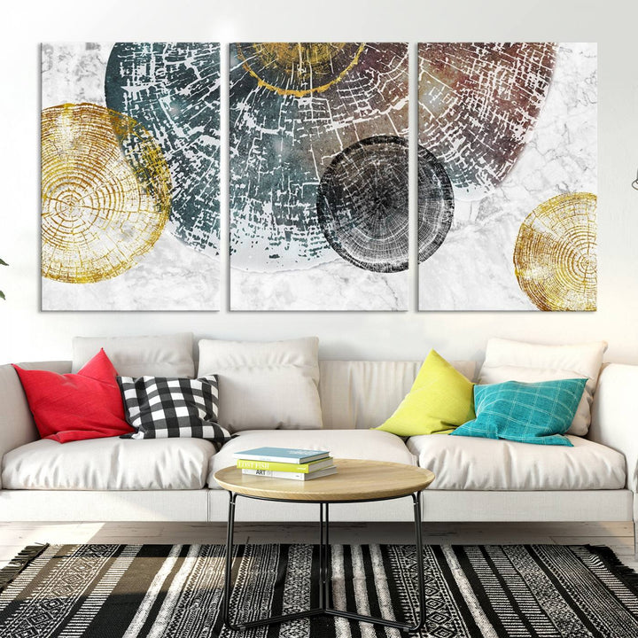 Contemporary living room showcasing the "Wood Lines" 3 Panel Abstract Wall Art Canvas Print displaying museum-quality tree ring art on the wall.