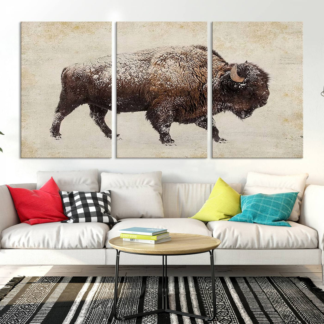 The "Buffalo Wall Art" canvas print, featuring a Western bison, hangs prominently, infusing the space with rustic cowboy and Western decor.