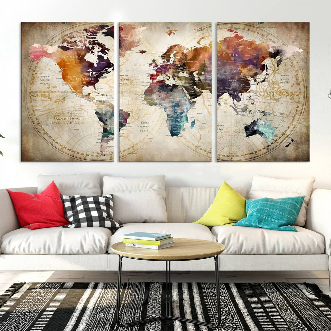 A World Map Wall Art Canvas Print featuring vibrant colors is crafted on museum-quality canvas, adding a touch of elegance to the room.