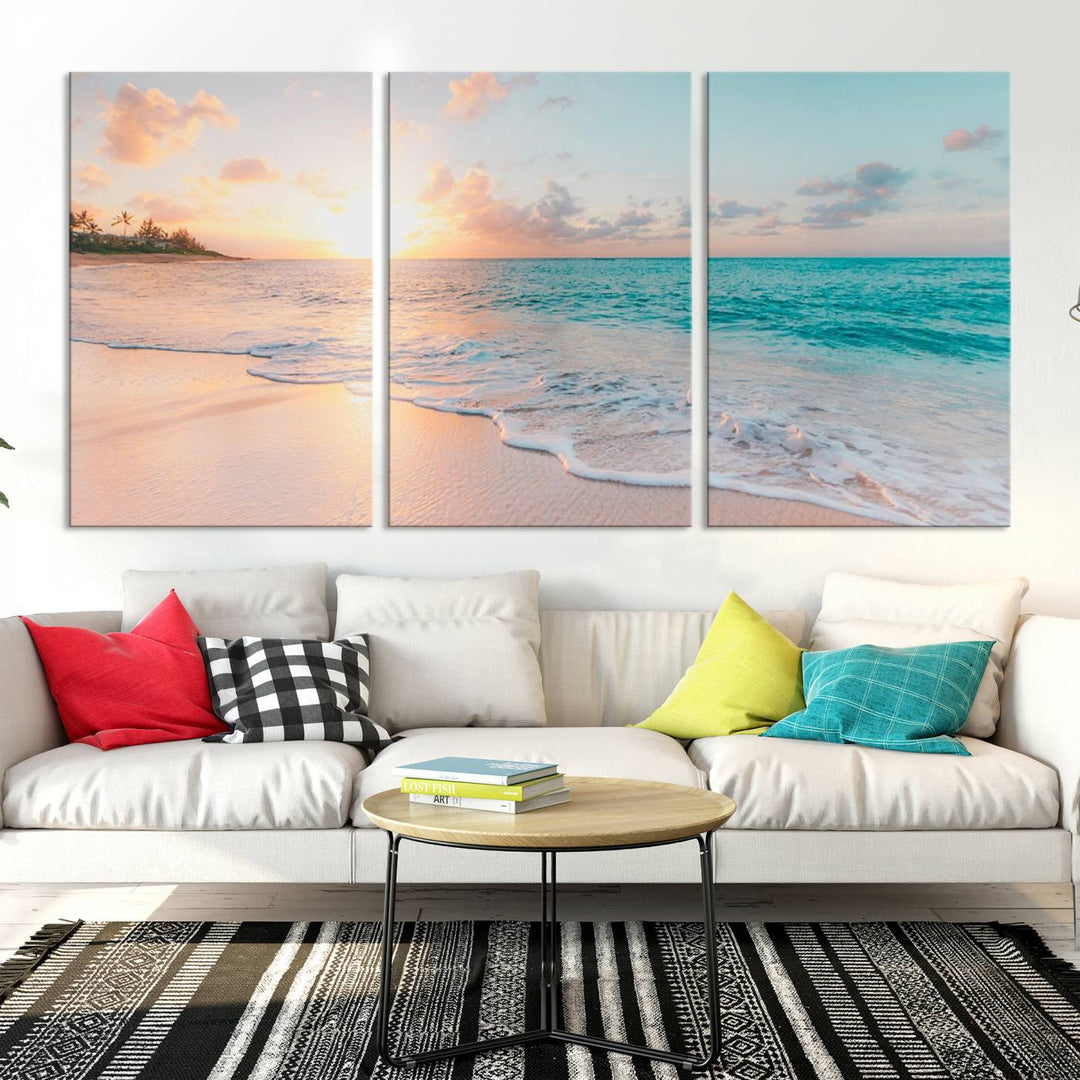 Beach Sunrise Wall Art, Coastal Seascape Canvas Print, Ocean Wave Multi-Panel Giclee, Coastal Sunset Beach Scene for Modern Decor