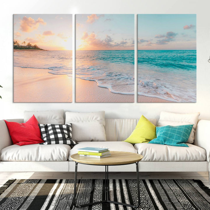 Beach Sunrise Wall Art, Coastal Seascape Canvas Print, Ocean Wave Multi-Panel Giclee, Coastal Sunset Beach Scene for Modern Decor