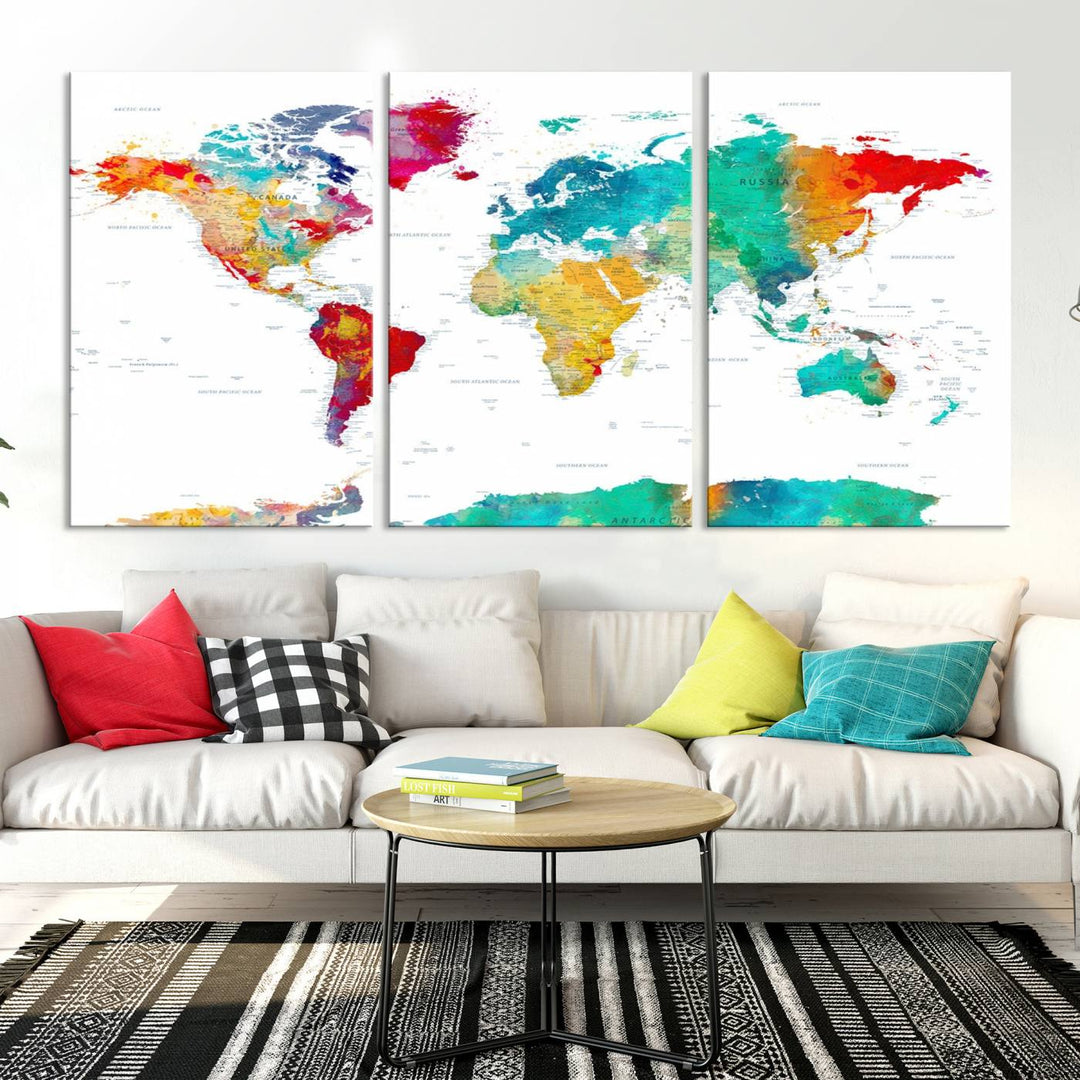 A stunning Colorful World Map Triptych Canvas Print, featuring a ready-to-hang framed design, adds vibrancy and modern flair to the space, effortlessly elevating the entire home décor.