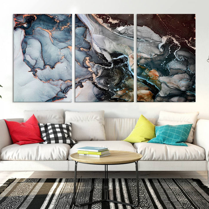 The Mix Color Large Abstract Marble Wall Art Canvas Print is printed on museum-quality canvas. It features a UV-protective coating and is ready to hang, adding elegance to the room.