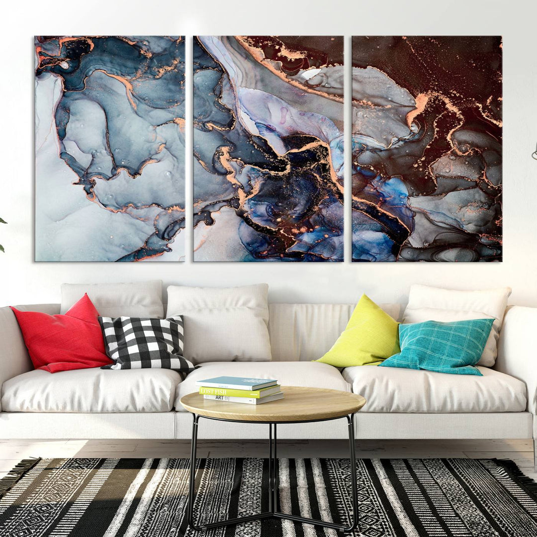 Brown Blue Abstract Marble Wall Art Canvas Print