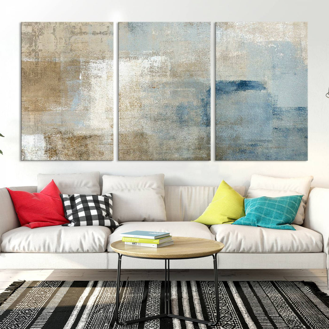 Abstract Blue and Beige Wall Art, Modern Minimalist Canvas Print Set, Giclee Textured Art, Large Multi-Panel Artwork for Living Room