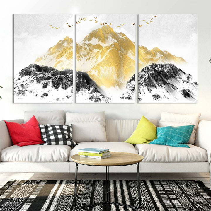 Golden Mountain Triptych Wall Art, Modern Giclee Canvas Print, Nature Landscape Decor for Living Room, Contemporary Gold and Black Wall Art