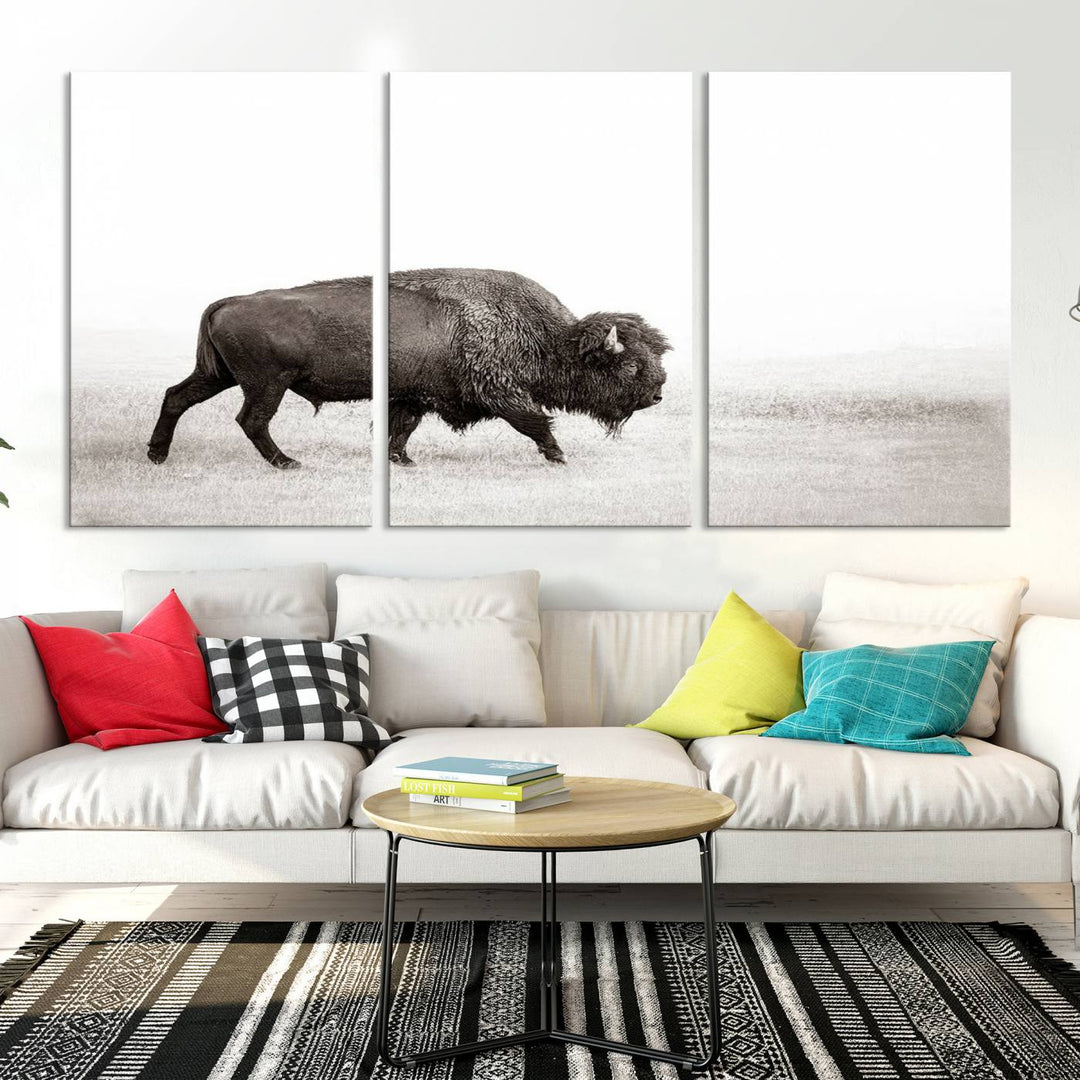 American Bison in Grasslands Triptych Canvas Wall Art – Western-Inspired Nature Decor for Home or Office