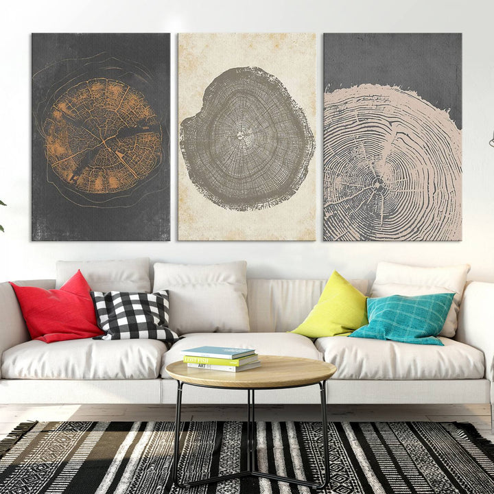 Boho Tree Ring Wall Art, Modern Minimalist Wood Grain Canvas, Tree Slice for Rustic Decor, Farmhouse Decor Giclee Canvas Print, Tree Ring Canvas Set 