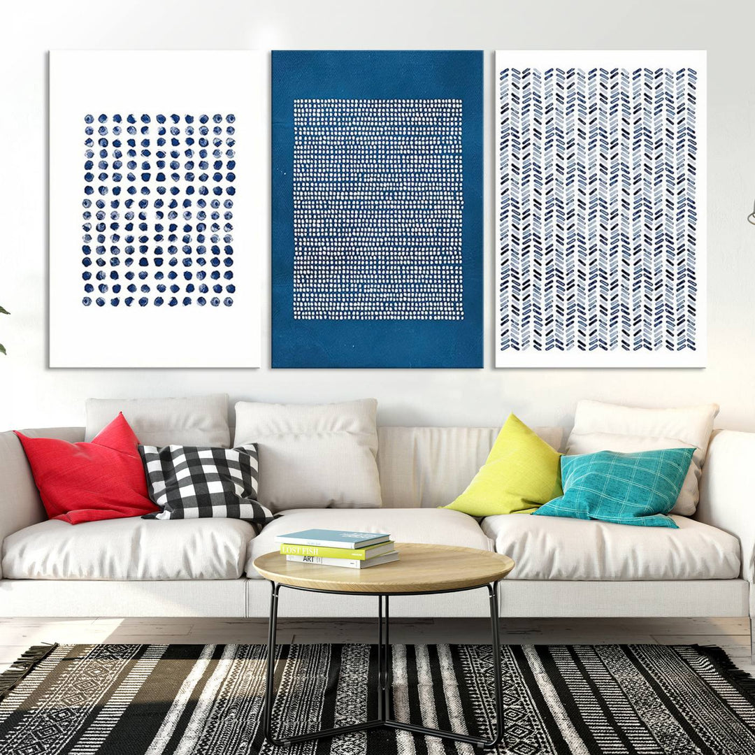 The modern living room is beautifully complemented by the "Canvas Print Wall Art Set Navy Blue White Geometric Dot Collage Abstract Illustr Art" on the wall. This art is printed on museum-quality canvas with a UV-protective coating for enhanced durability and vibrancy. Each piece is ready to hang, offering an effortless upgrade to your space.