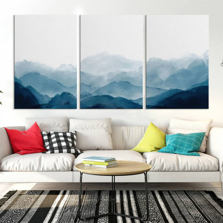 A modern living room features a three-panel canvas of green forest nature scenery photography on the wall. The artwork is gallery wrapped in museum-quality canvases, ensuring both durability and an exquisite display.