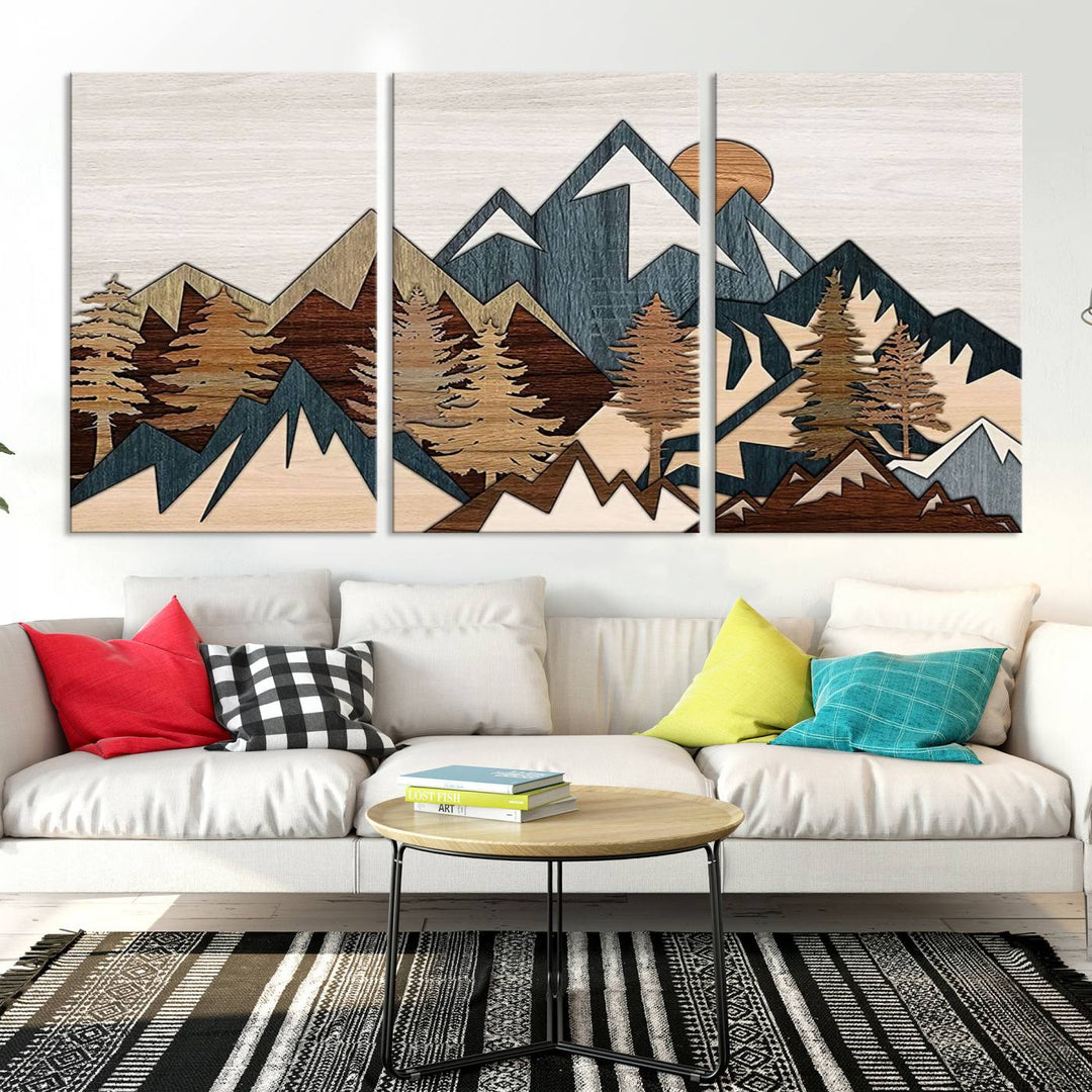 Woodland Mountain Landscape Triptych, Giclee Canvas Art for Modern Home, Rustic Wooden Nature Wall Art, Large Mountain and Tree Canvas for Living Room