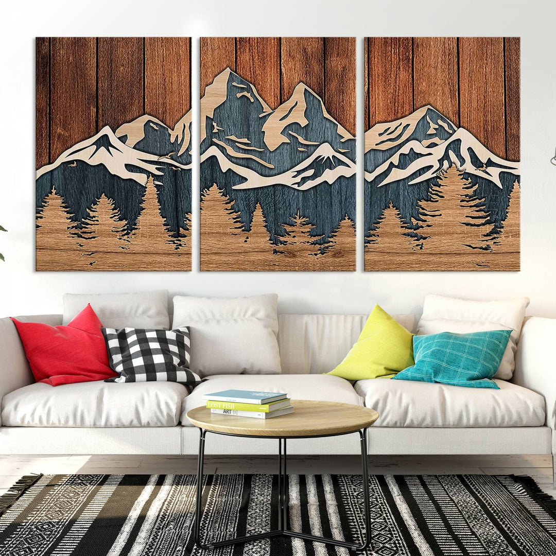 Rustic Wood Style Mountain Wall Art, Nature Forest Canvas Print, Wooden Textured Mountain Artwork, Handcrafted Landscape Decor for Farmhouse Decor