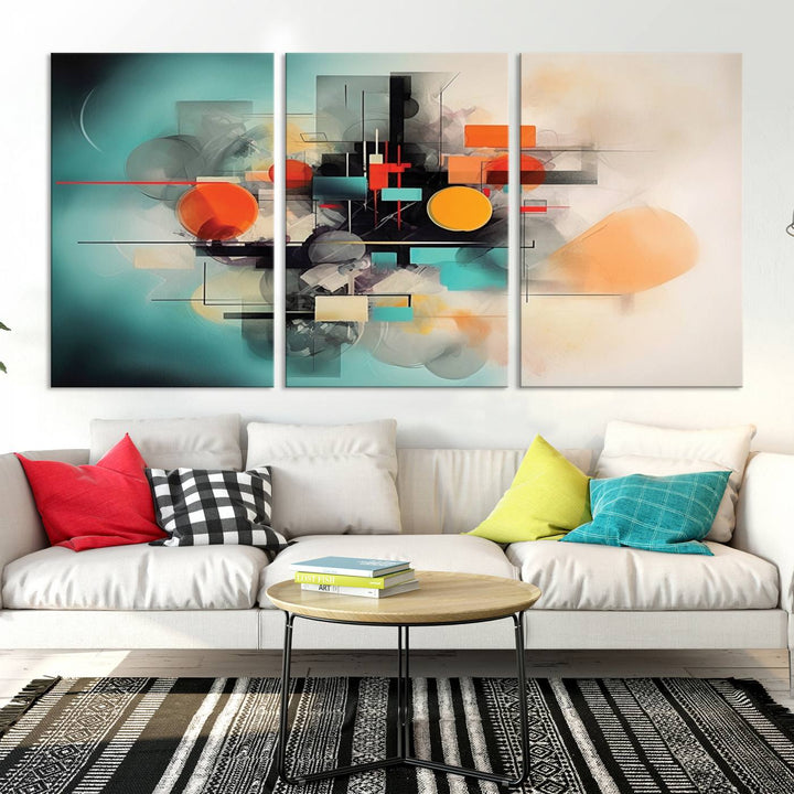 Modern living room featuring a Geometric Colorful Abstract Wall Art Canvas Print.