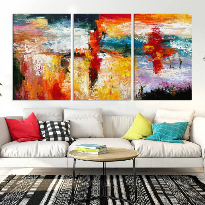 A Colorful Abstract Wall Art Canvas Print graces the wall, making this ready-to-hang masterpiece, complete with UV-protective coating, perfect for elevating any space with its vibrant allure.