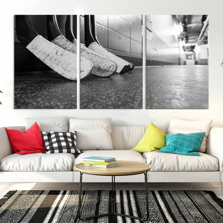 A living room featuring a large Ice Hockey Wall Art Canvas Print on gallery-wrapped canvas.