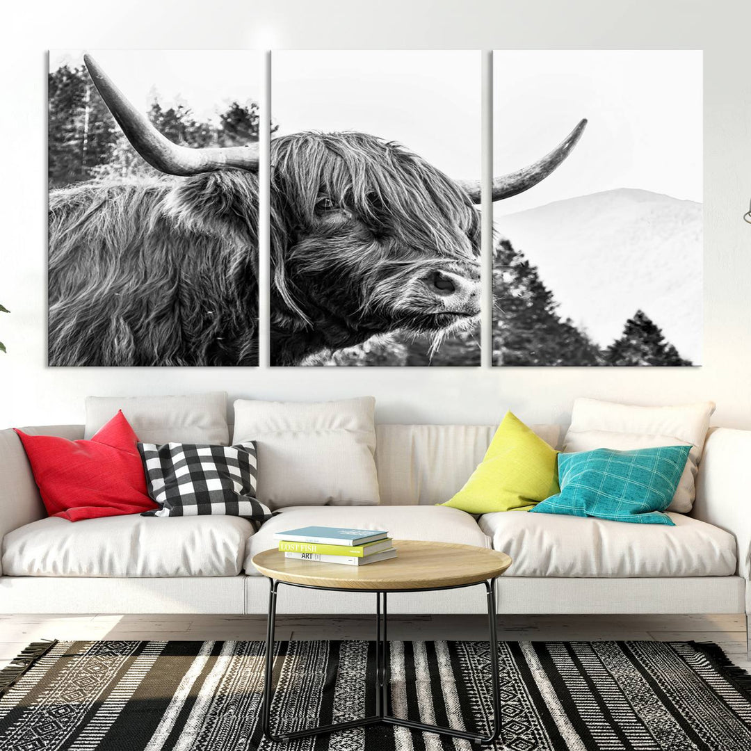 The Scottish Longhorn Wall Art Canvas Print features a highland cow with long horns and shaggy hair displayed on a museum-quality canvas. Equipped with a UV-protective coating for durability, it's ready to hang and enjoy for years to come.