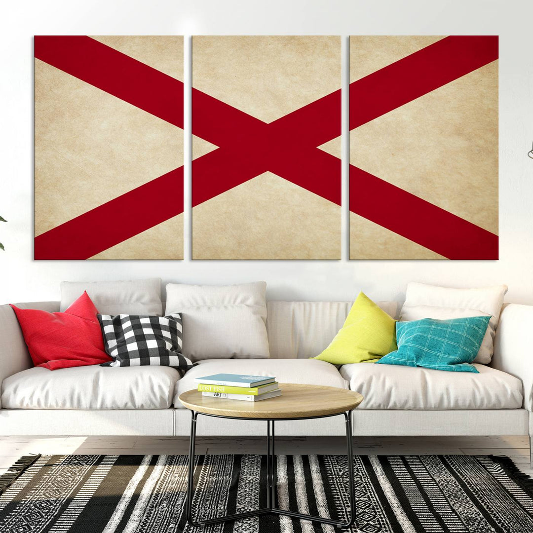 The USA Alabama States Flag Wall Art, featuring a red diagonal cross on a cream background, is elegantly displayed on museum-quality canvas with a UV-protective coating.