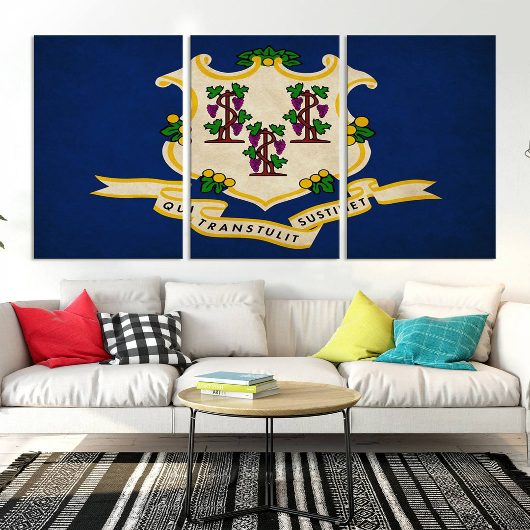 A "Size Connecticut States Flag Wall Art Canvas Print" hangs on the wall, its vibrancy preserved by a UV-protective coating.