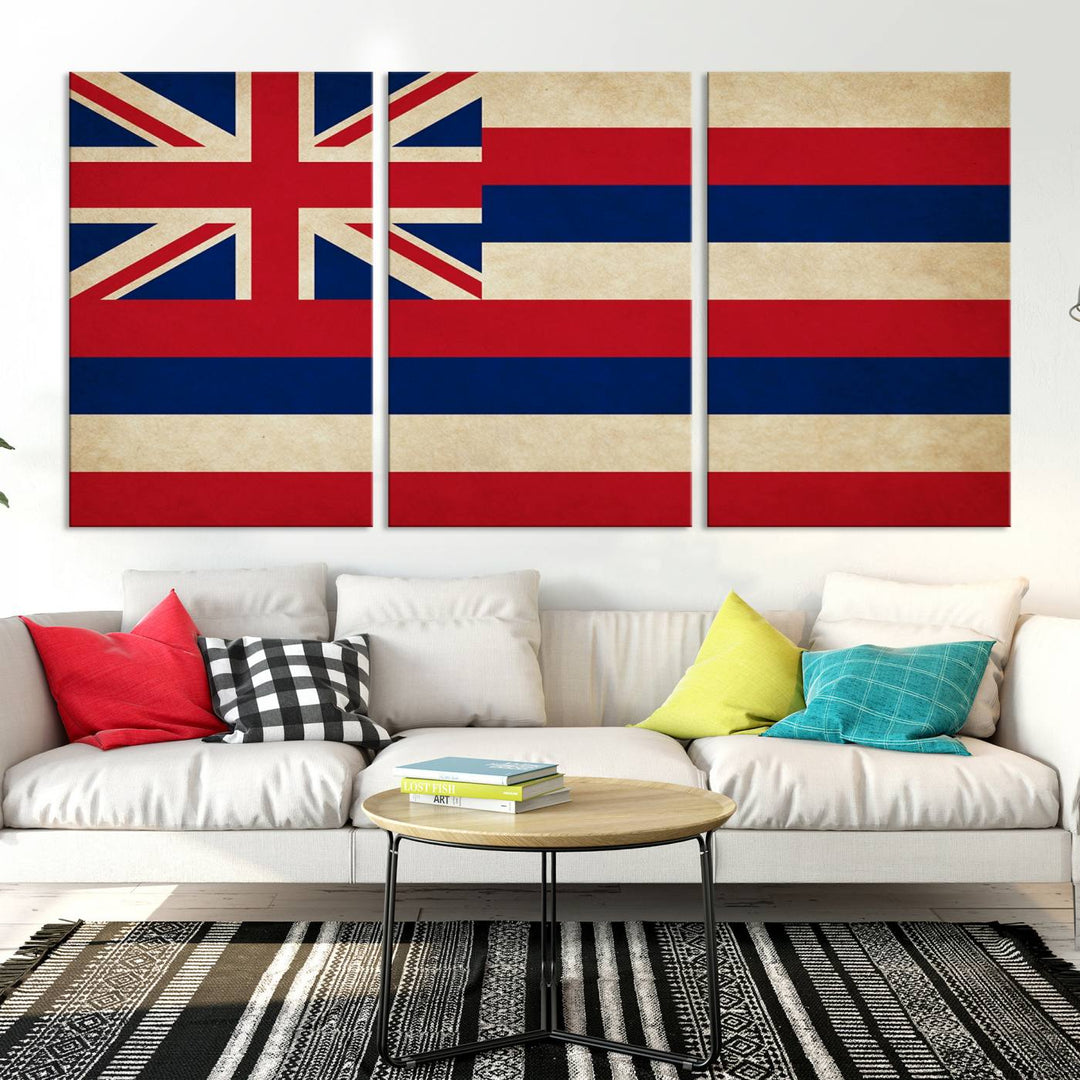 A stunning piece titled "Hawaii USA States Flag Wall Art Canvas Print" adorns the wall. This gallery-wrapped artwork is printed on museum-quality canvas and features a UV-protective coating, ensuring its vibrant colors remain timelessly beautiful.