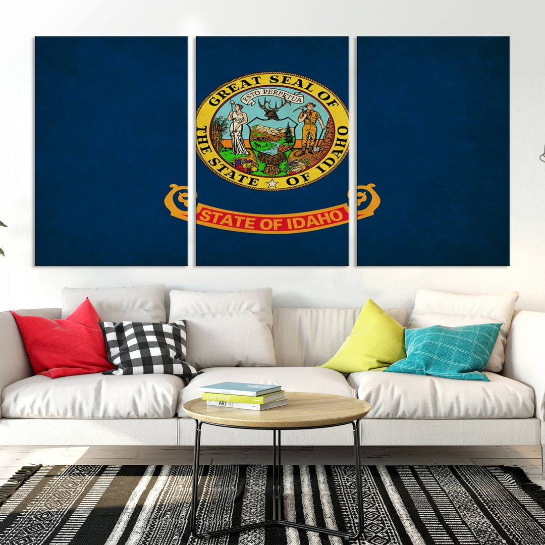 The Idaho USA States Flag Wall Art Canvas Print, featuring a UV-protective coating for lasting vibrancy, is ready to hang.