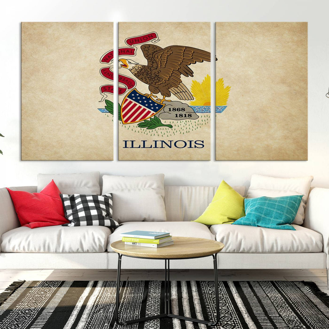 The Illinois State Flag Wall Art Canvas Print, crafted on museum-quality canvas with a UV-protective coating, is displayed prominently.