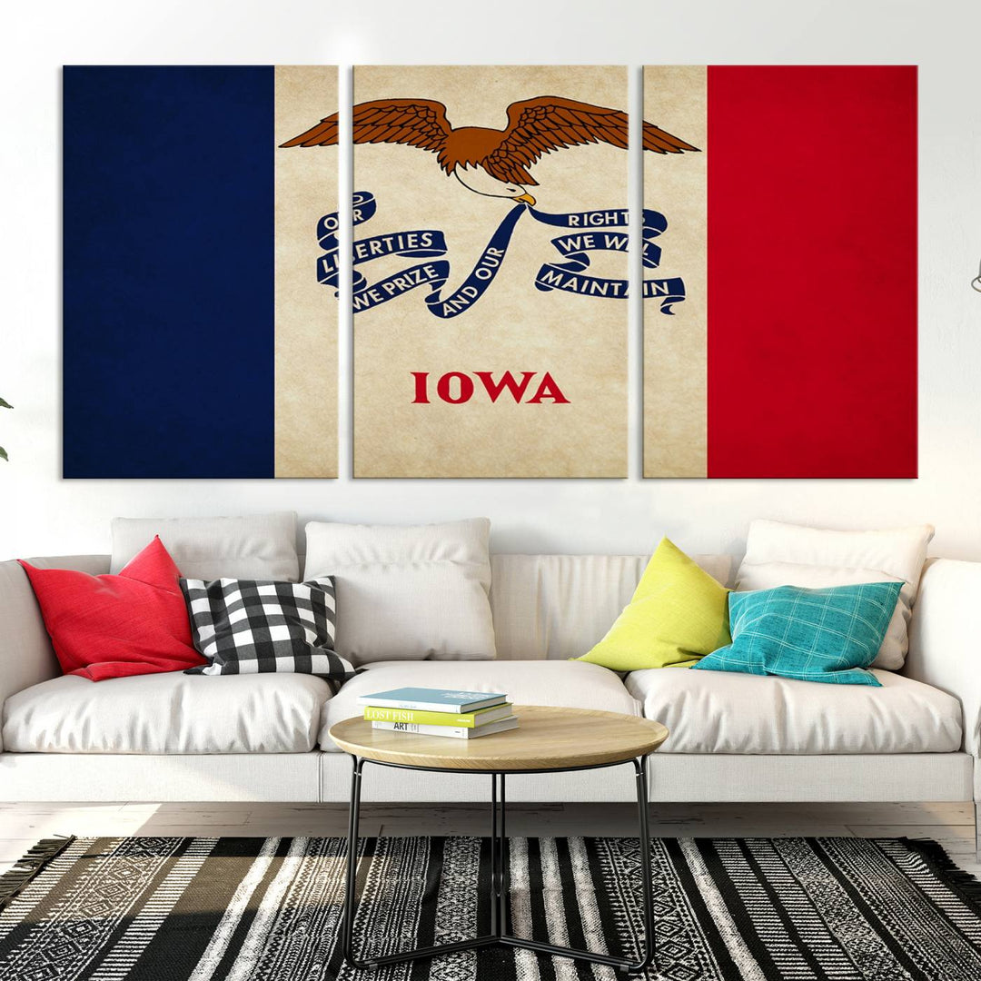 A beautiful Iowa States Flag Wall Art enhances the area, made on museum-quality canvas and boasting a gallery-wrapped design for enduring elegance.