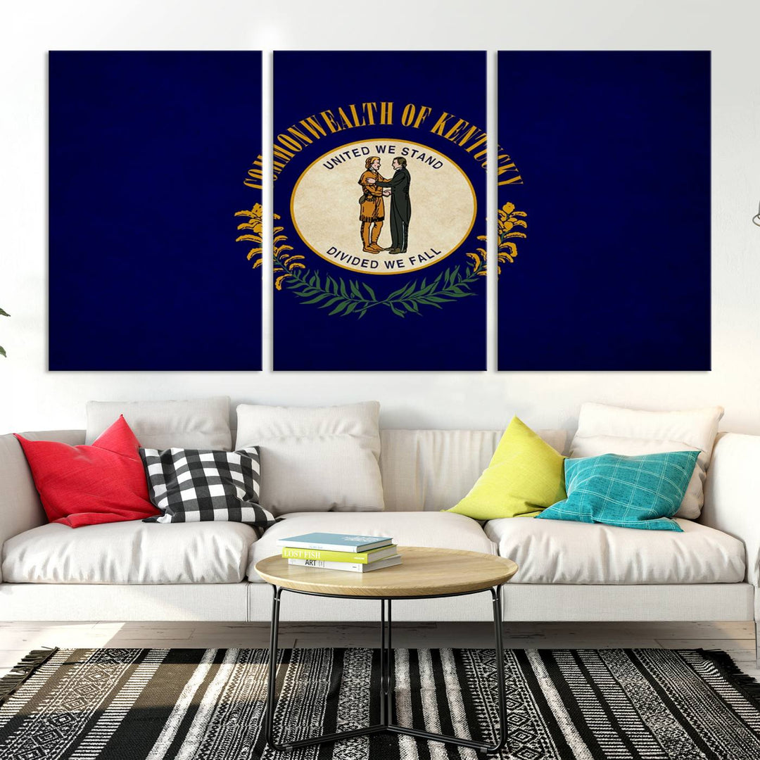 A museum-quality canvas of the Kentucky State Flag Wall Art graces the wall, featuring a UV-protective coating to maintain its vivid colors. Benefit from free shipping on this impressive home decor piece.