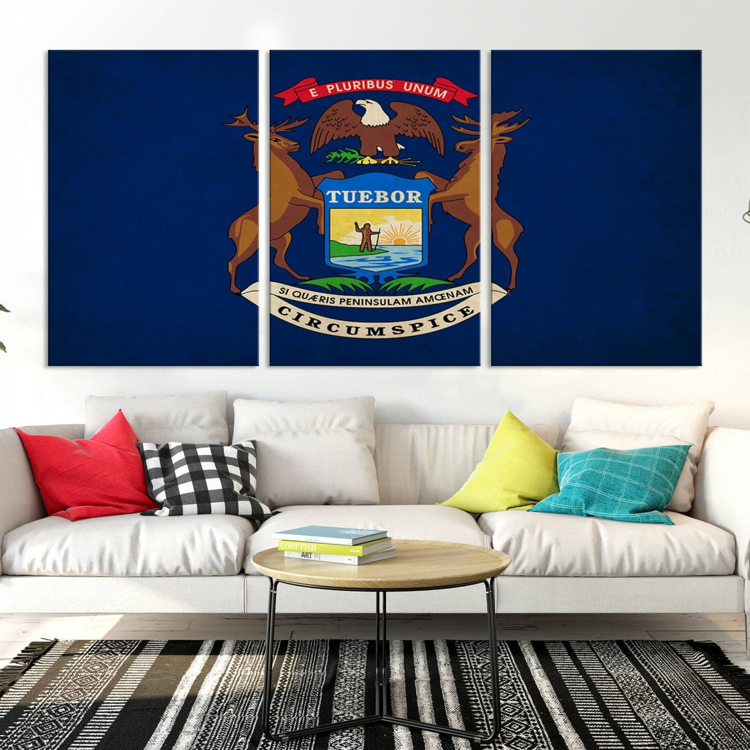 A piece of Michigan State Flag Wall Art on museum-quality canvas features a UV-protective coating to maintain its vibrant colors.