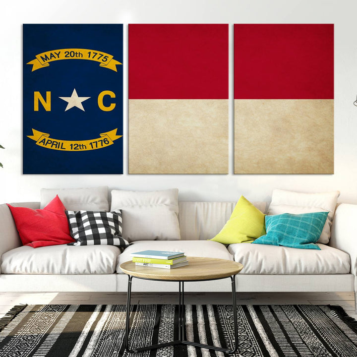 A museum-quality North Carolina State Flag Wall Art Canvas Print graces the wall, adding charm and character to any living space. Enjoy free shipping on this timeless piece.