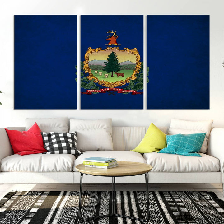 The Vermont Flag Wall Art Canvas Print is a museum-quality piece enhanced with UV-protective finishes, offering both style and durability. Enjoy free shipping on this classic decor addition.