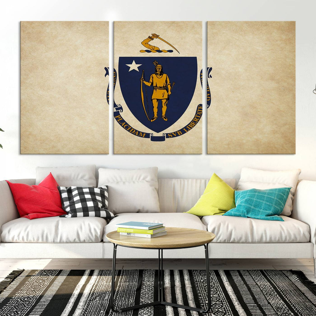 The Massachusetts State of Flag Wall Art Canvas Print, handcrafted on a museum-quality canvas with UV-protective coating, decorates the wall. It is ready to hang and adds a touch of elegance to the space.