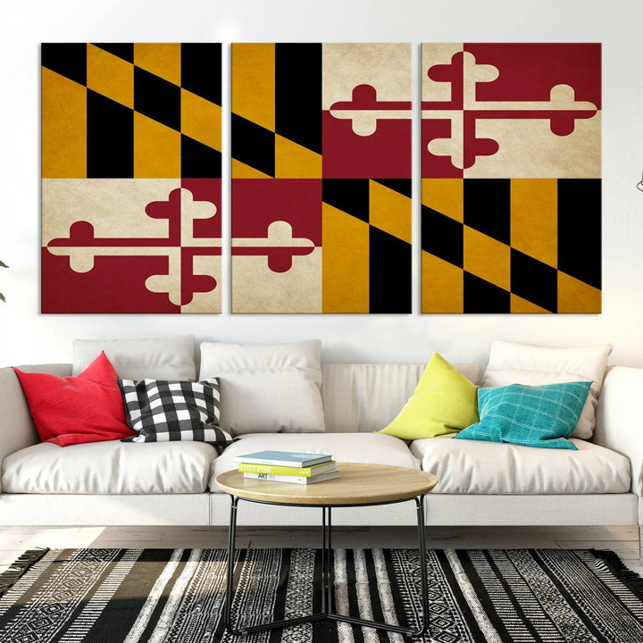 The Maryland Flag Wall Art Canvas Print, boasting a UV-protective coating for vibrant colors and durability, is a museum-quality piece offered with free shipping, making it the perfect addition to your space.