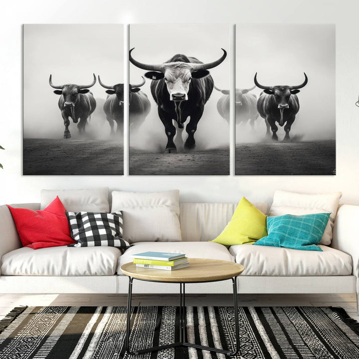 The Texas Longhorn Cow Animal Wall Art Canvas Print beautifully embellishes the area with its depiction of longhorn cattle in a misty setting, seamlessly integrating Western decor into the space.