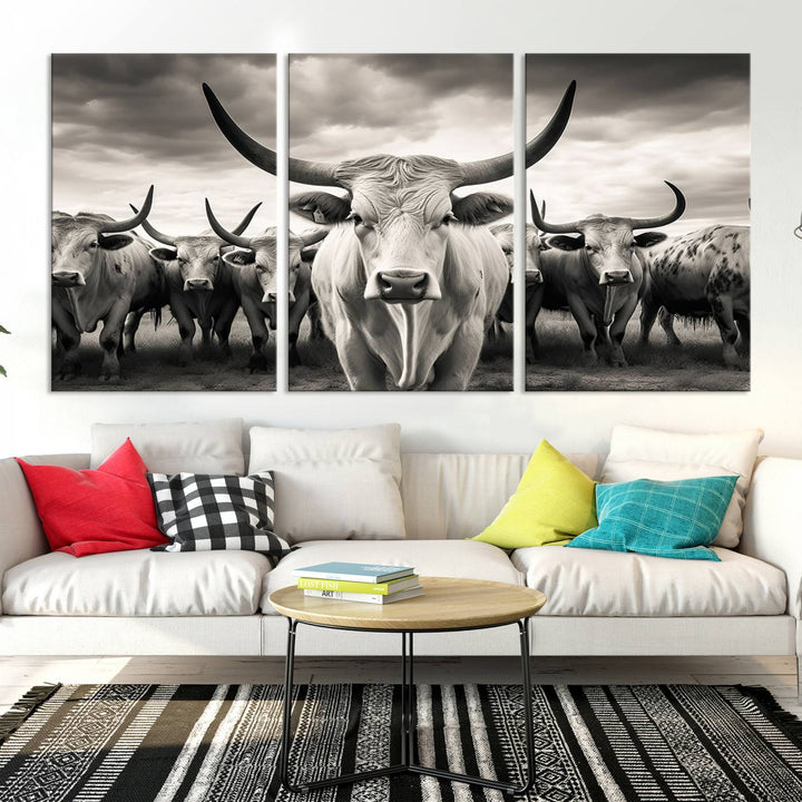 A Texas Longhorn Cow Animal Wall Art Canvas Print introduces a Western-themed accent.