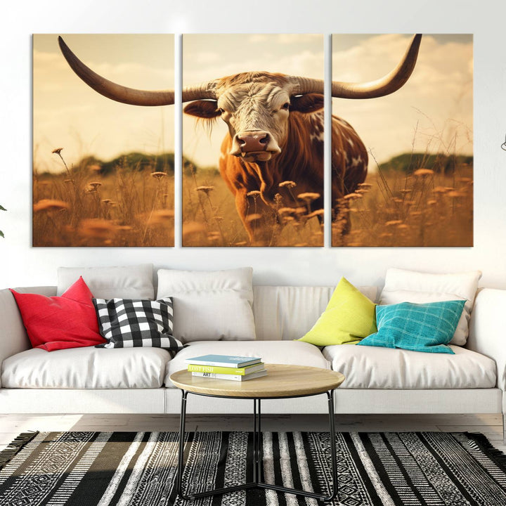 Cow Bighorn Wall Art Canvas Print, Longhorn Texas Cow Animal Canvas Print