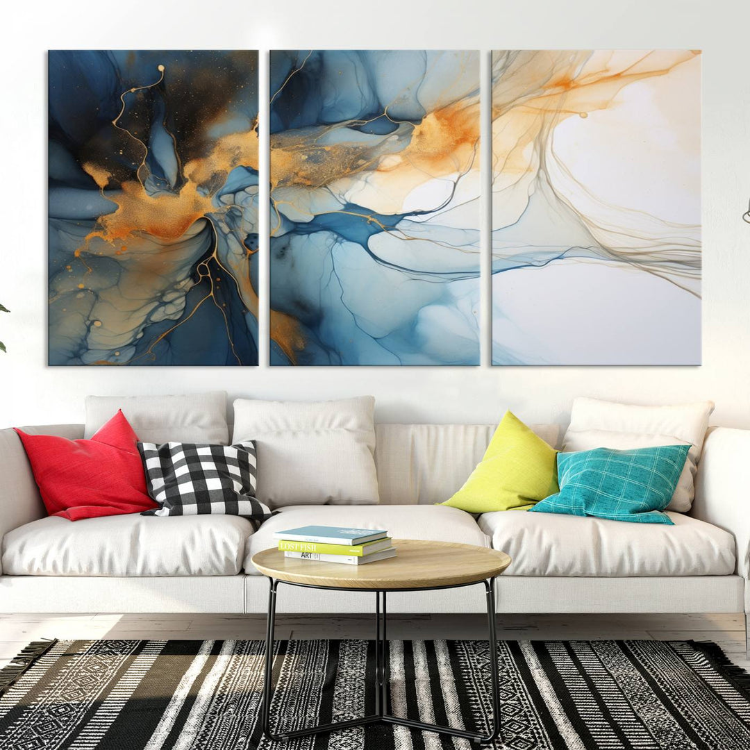 Art mural abstrait bleu marine orange, impression abstraite, impression sur toile abstraite