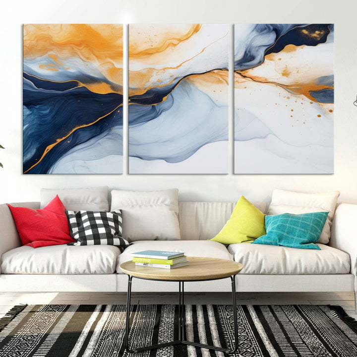 Modern living room featuring the 'Extra Large Orange Navy Blue Abstract Wall Art Canvas Print.'