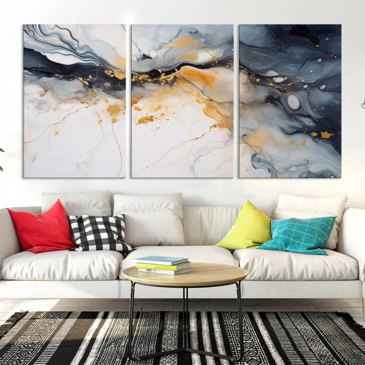 The Dark Blue and Orange Abstract Wall Art, featuring museum-quality canvas with captivating dark and golden swirls, is ready to hang and boasts a UV-protective coating to ensure enduring vibrancy and sophistication.