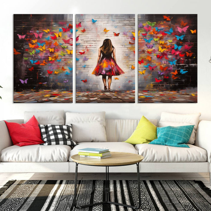 A vibrant artwork titled "Graffiti Wall Art Canvas Print Girl Butterfly Graffiti Abstract Canvas Print" is displayed above the couch. This gallery-wrapped masterpiece, printed on museum-quality canvas, features a UV-protective coating to preserve its vivid beauty.