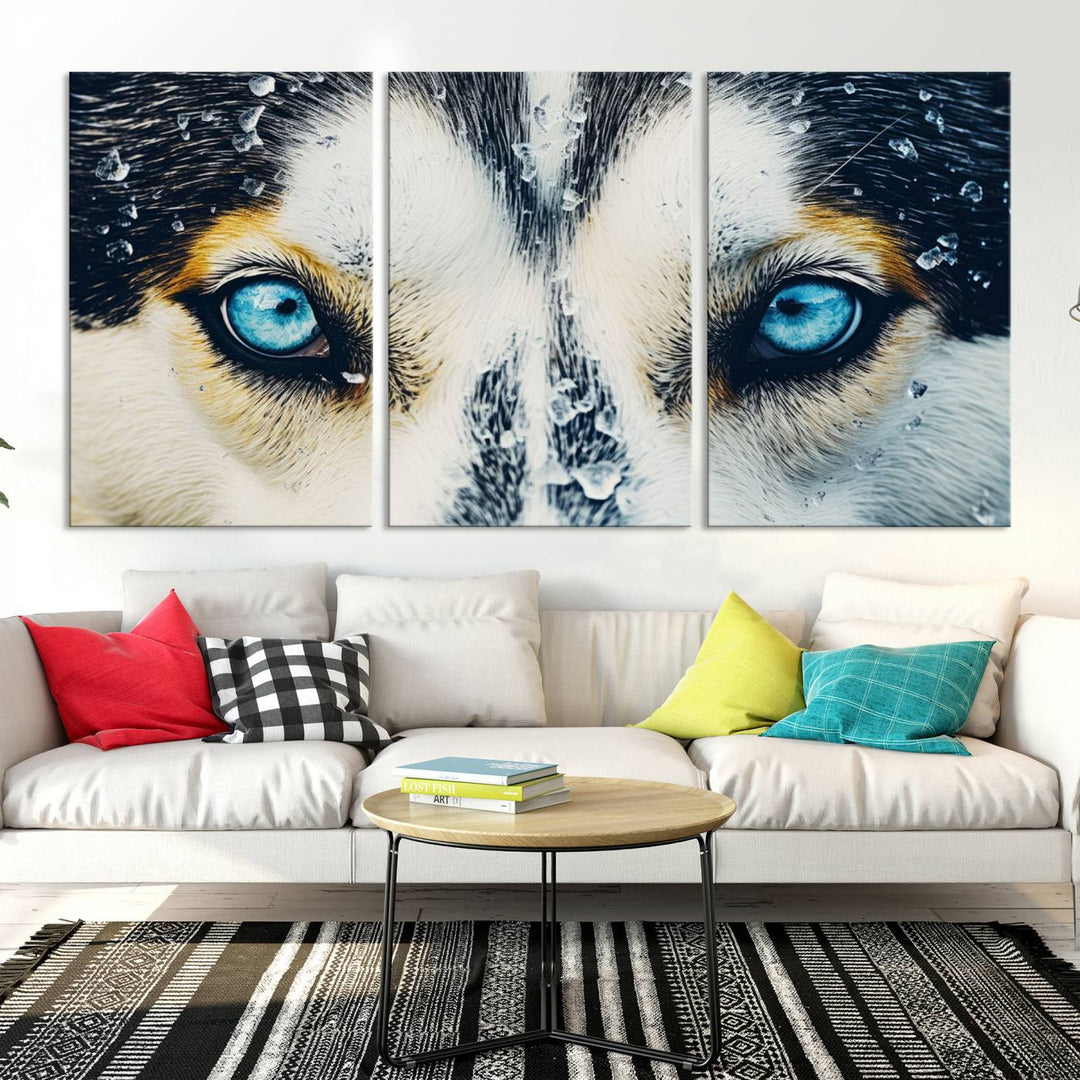 The captivating "Winter Siberian Husky Wolf EYE Wall Art Canvas Print" showcases the striking blue eyes of the animal portrait.