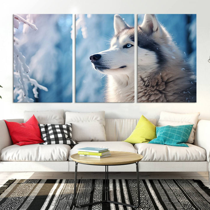 A captivating Winter Siberian Husky Wolf Wall Art Canvas Print hangs prominently.