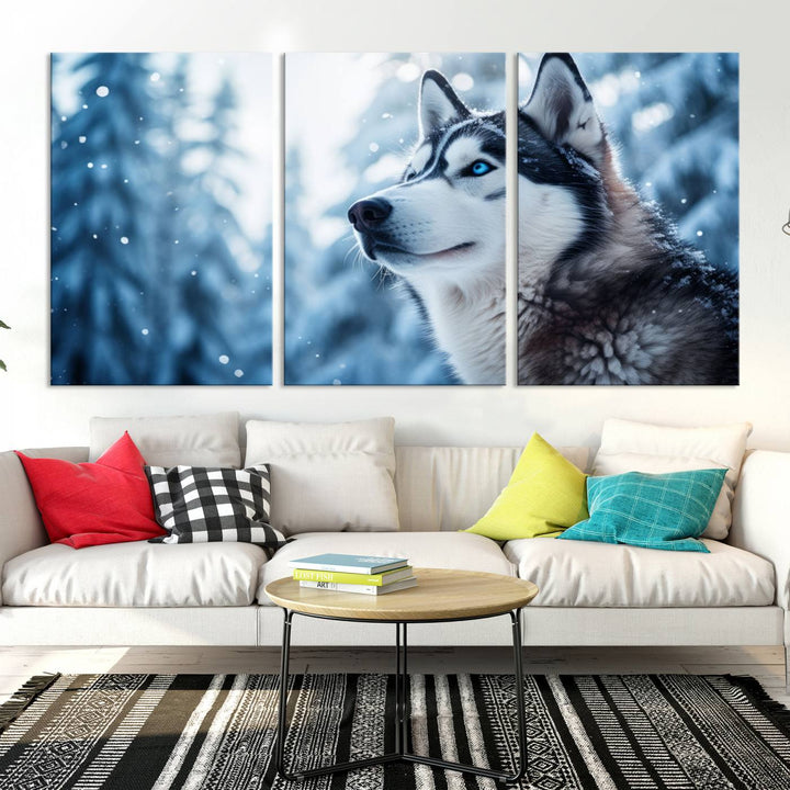 The "Winter Siberian Husky Wolf Wall Art Canvas Print" is elegantly displayed, enhancing the room's cozy ambiance in a snowy forest setting.