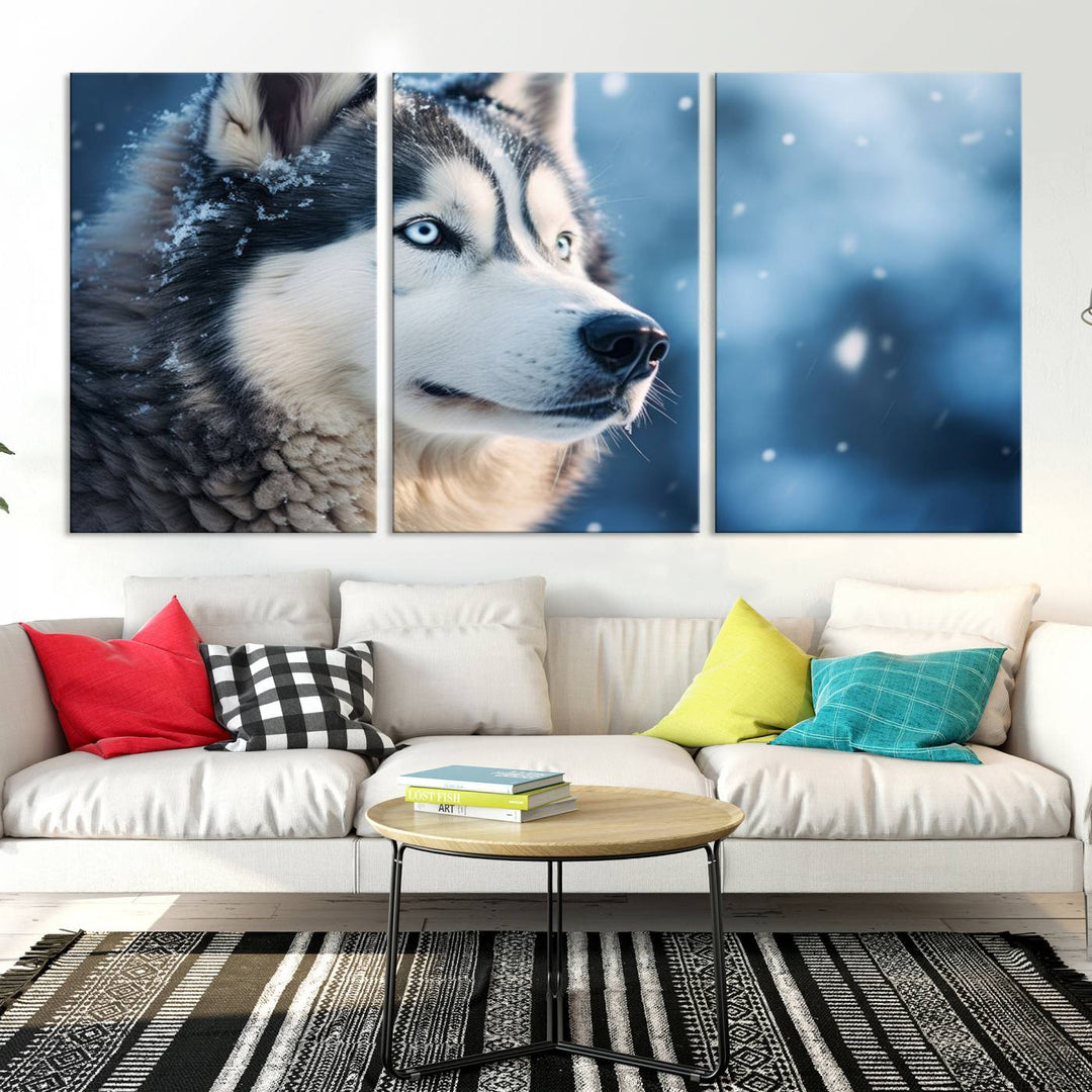 The space above the sofa features the Winter Siberian Husky Wolf Wall Art Canvas Print, creating a stunning snowy scene.