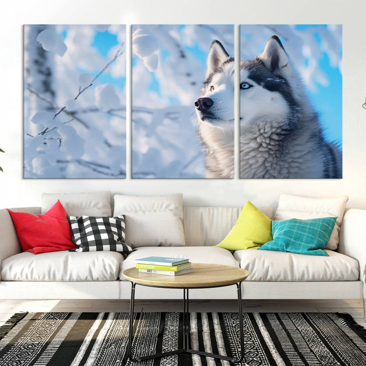 The Siberian Husky Art Canvas elegantly enhances the room.