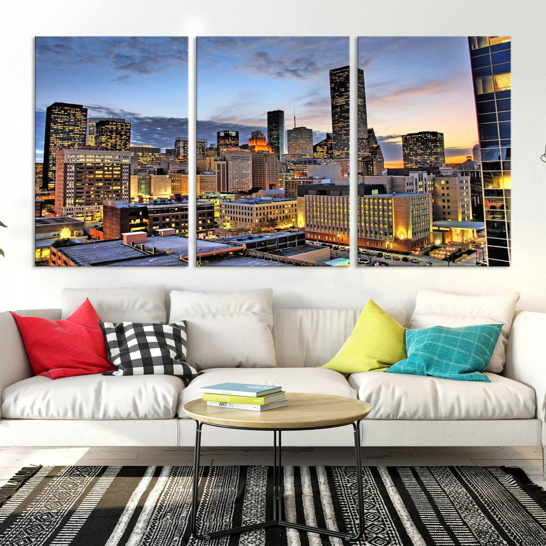 The modern living room features the Houston Wall Art Canvas Print on the wall. This professional craftsman framed masterpiece depicts a cityscape and is created with museum-quality polycotton canvas, ensuring a polished look that enhances its elegant charm.