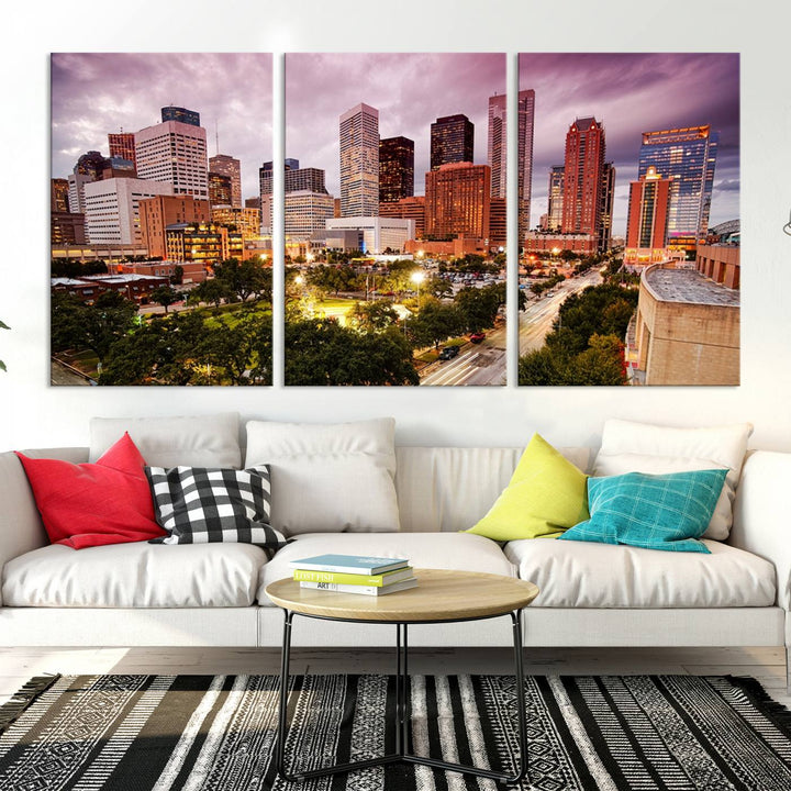 The Houston Wall Art Canvas Print in the living room displays a vibrant city skyline at twilight on museum-quality canvas with UV-protective coating.