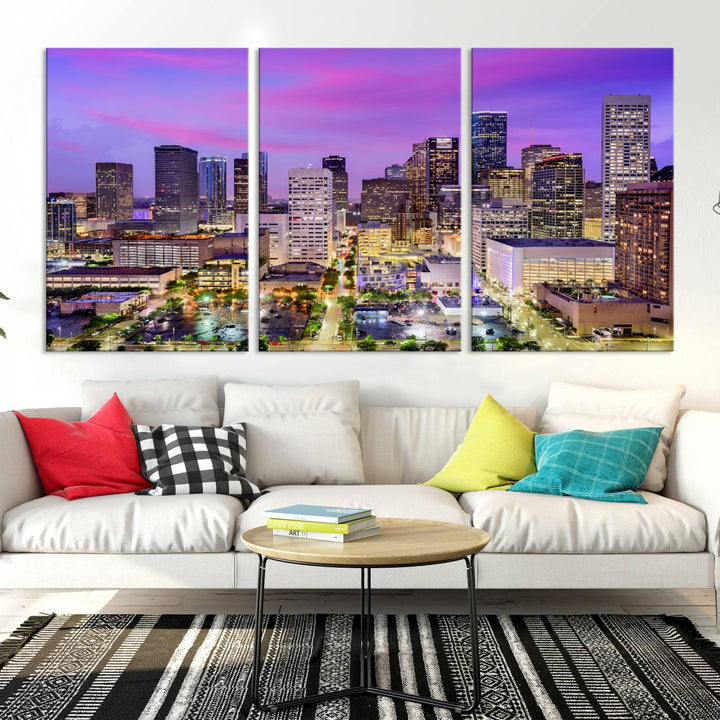 Houston Wall Art Canvas Print showcasing a vibrant cityscape at dusk on museum-quality canvas, expertly crafted by professional craftsmen.